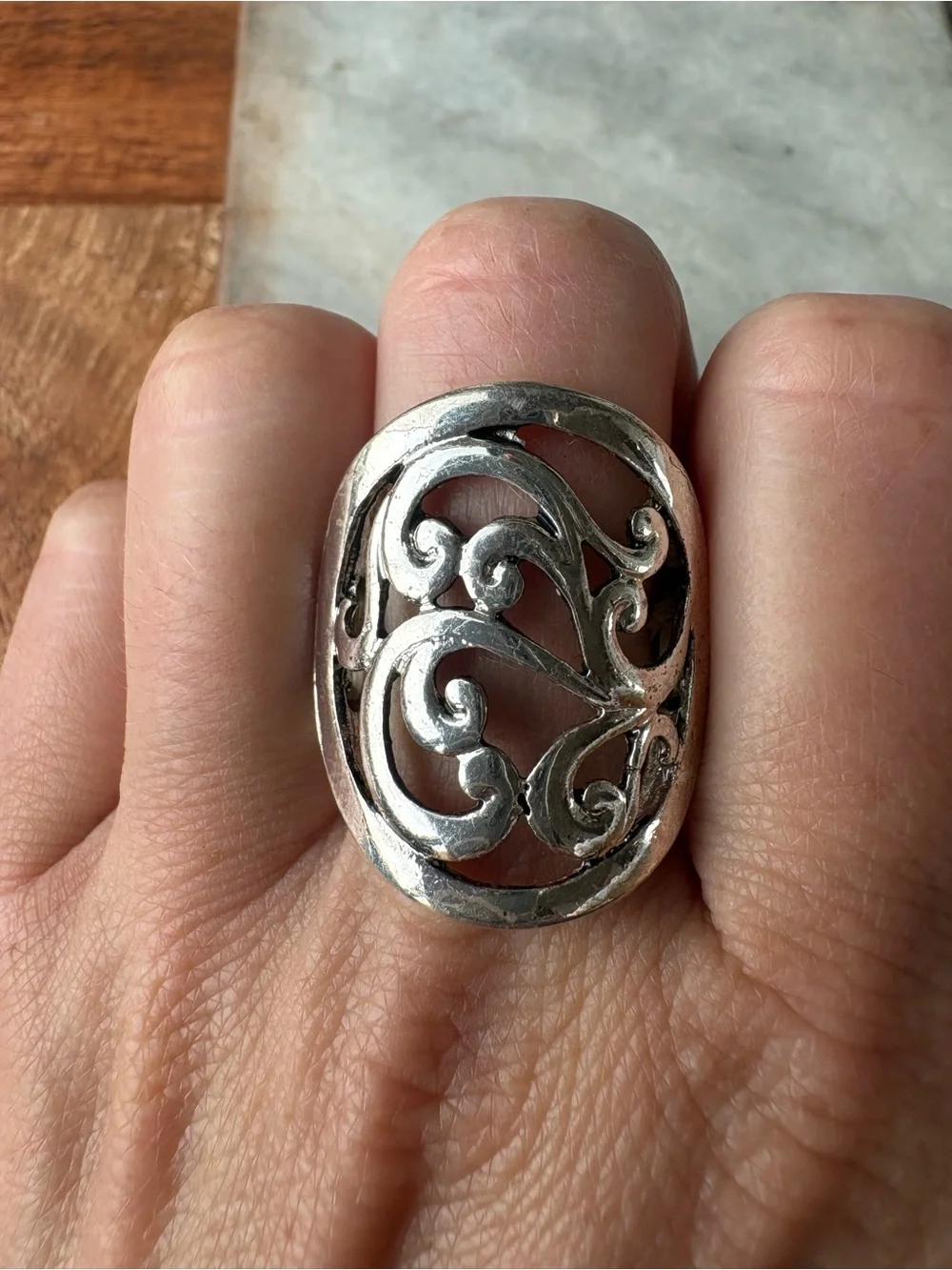 Vintage Silver Tone Filigree Statement Ring - Size 6 with Stretch Band